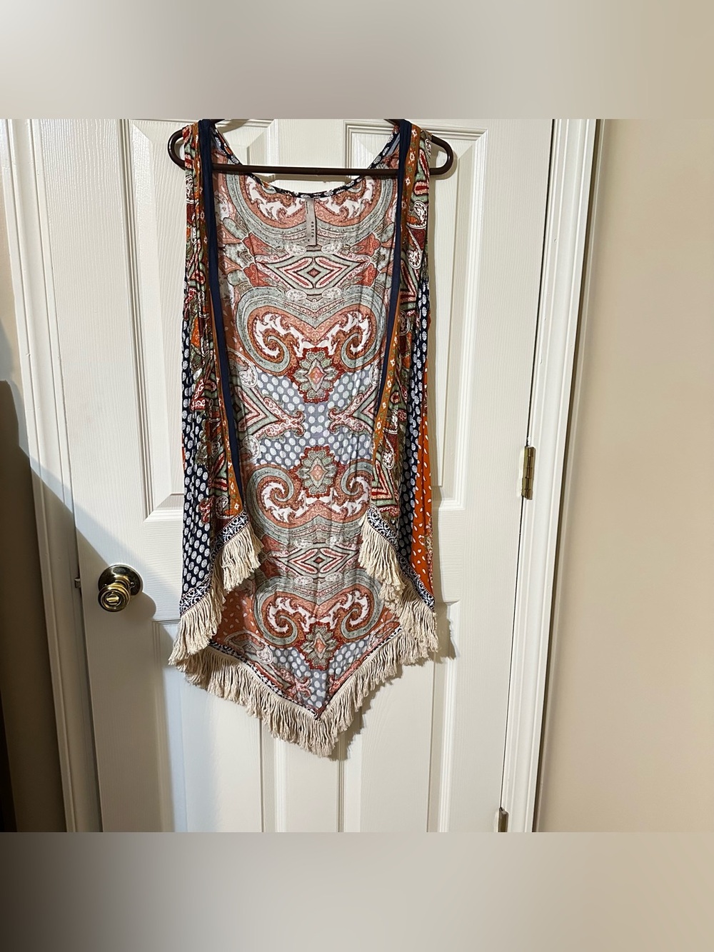 Boho Fringe Open Front Cardigan - Orange, Blue, Cream
